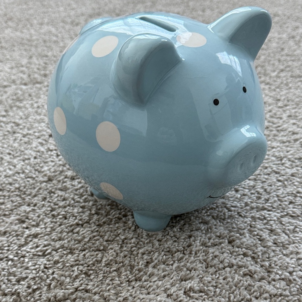 Ceramic Blue Piggy Bank with Polka Dots